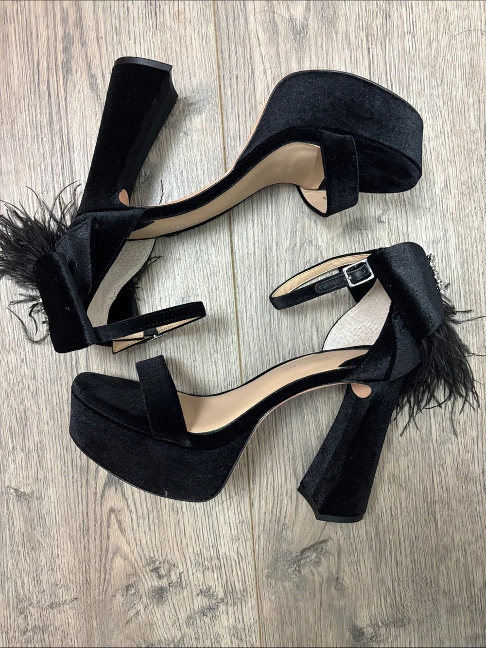 ANTONIO MELANI Black Feather Bow Platform Sandals